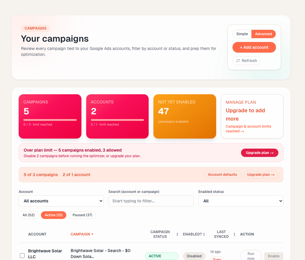 Adsoptia campaign controls with account filters and enabled campaign status