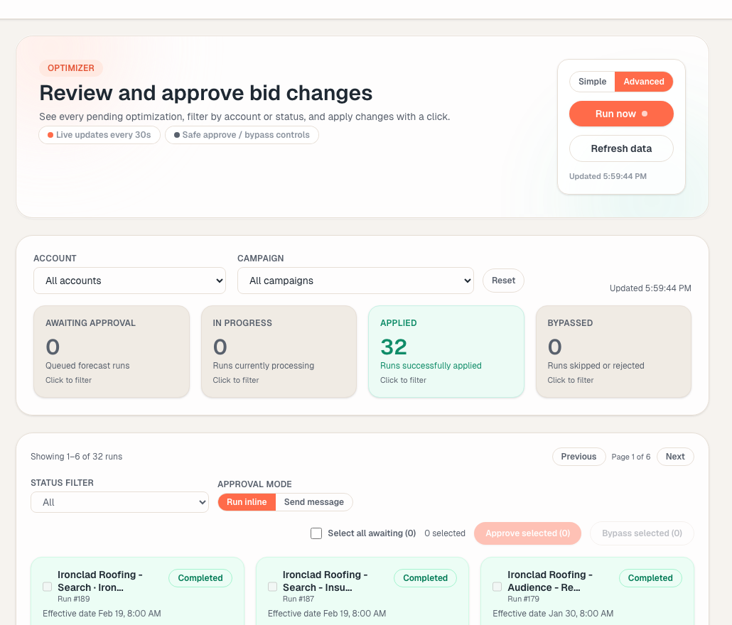 Adsoptia optimizer review queue with runs and approval controls